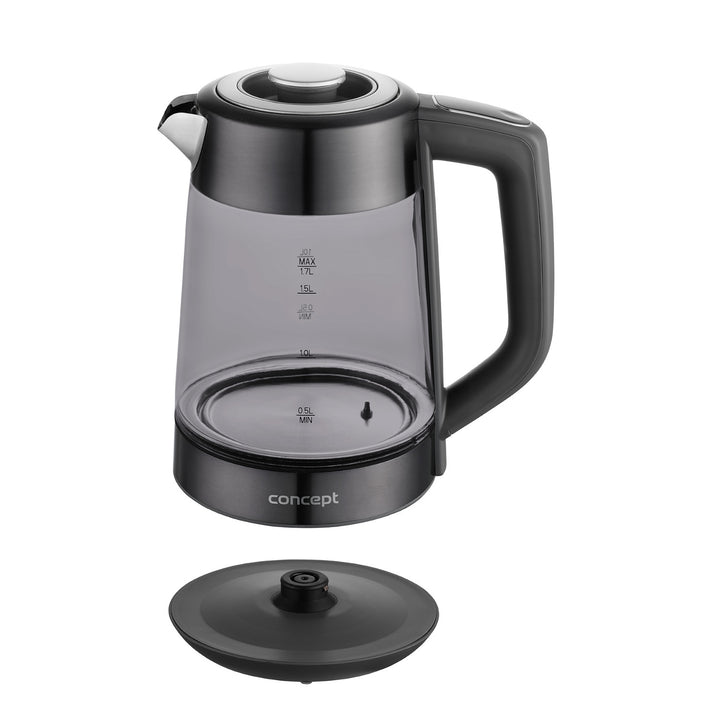 Skleněná rychlovarná konvice Concept, objem 1,7 l, příkon 1850–2200 W, černá barva, konektor Strix, regulace teploty, digitální ovládání, RK4195