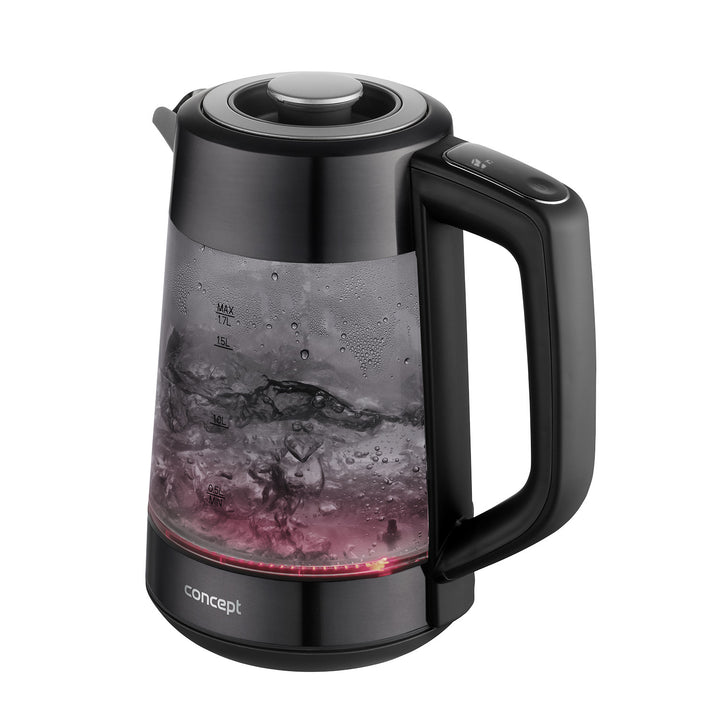 Skleněná rychlovarná konvice Concept, objem 1,7 l, příkon 1850–2200 W, černá barva, konektor Strix, regulace teploty, digitální ovládání, RK4195