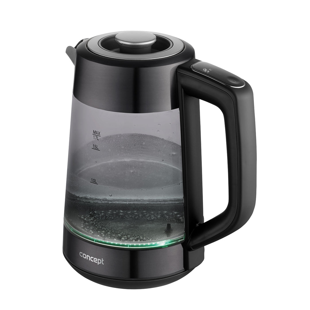 Skleněná rychlovarná konvice Concept, objem 1,7 l, příkon 1850–2200 W, černá barva, konektor Strix, regulace teploty, digitální ovládání, RK4195