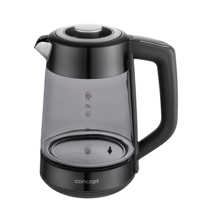 Skleněná rychlovarná konvice Concept, objem 1,7 l, příkon 1850–2200 W, černá barva, konektor Strix, regulace teploty, digitální ovládání, RK4195
