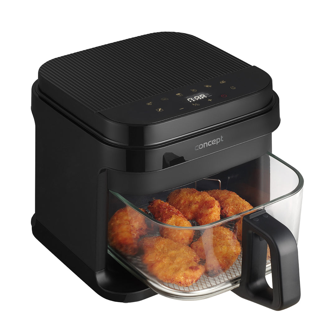 Bezolejová fritéza Concept Glass&Fast, objem 5,5 l, 7 programů, dotykový LED displej, zdravý režim smažení, skleněná nádoba, FR5500