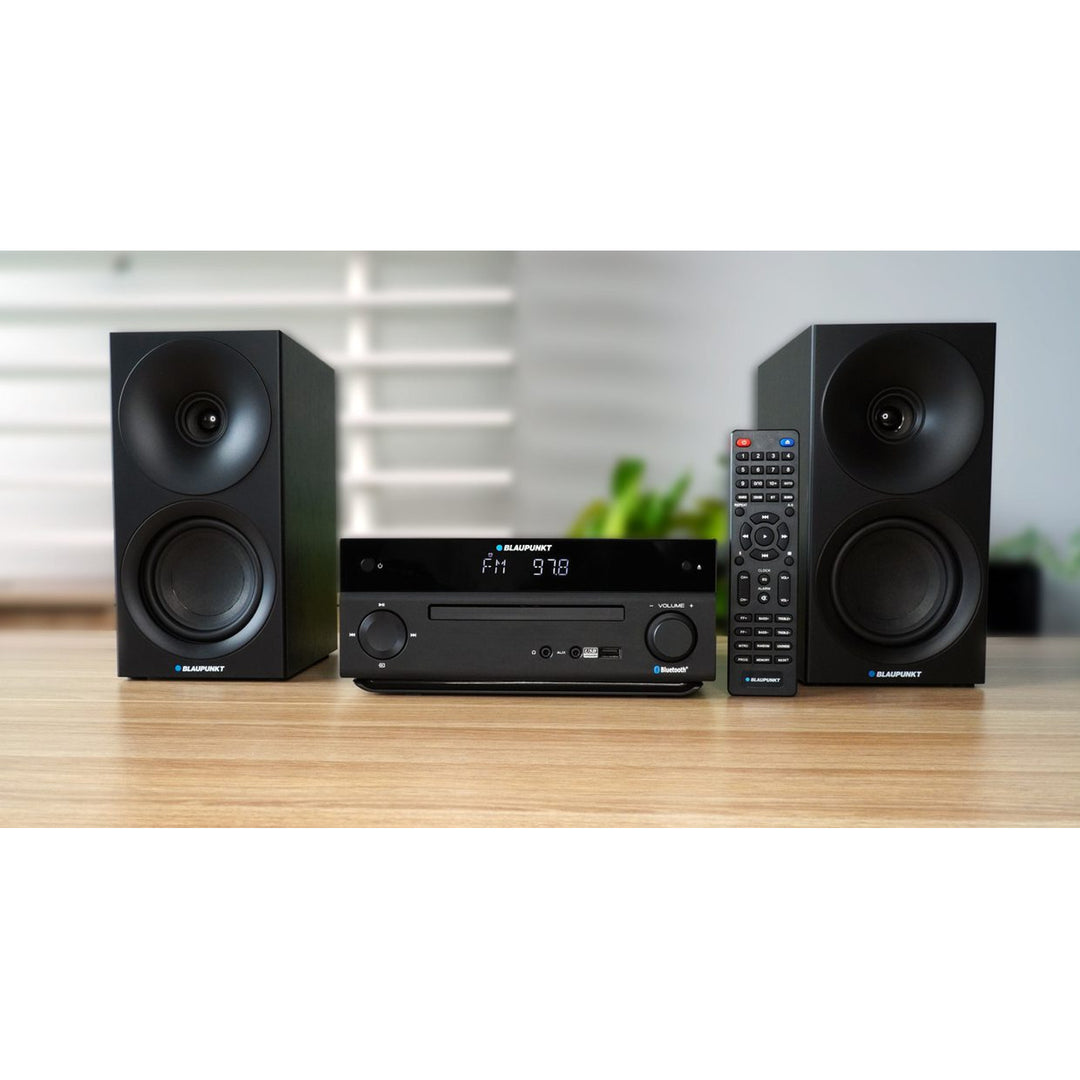 Mikro věž Blaupunkt, výkon 150 W, FM rádio, AUX konektor a USB konektor, Bluetooth, HDMI vstup, budík, LED displej, černá barva, MS30.02BT