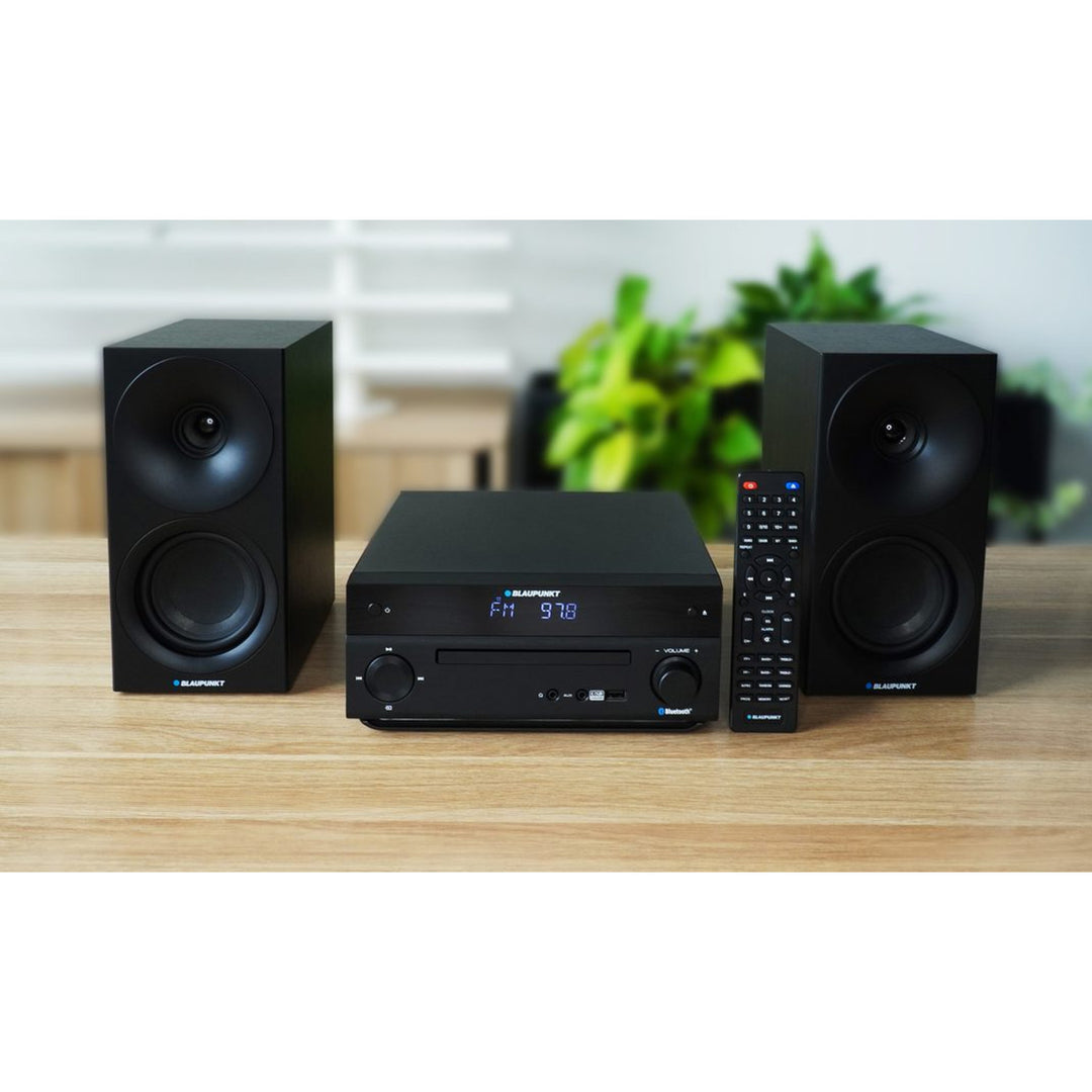 Mikro věž Blaupunkt, výkon 150 W, FM rádio, AUX konektor a USB konektor, Bluetooth, HDMI vstup, budík, LED displej, černá barva, MS30.02BT