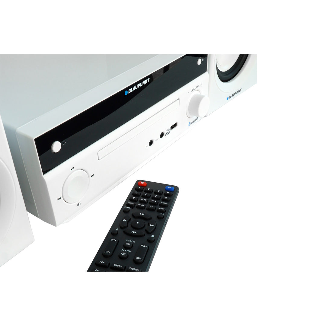 Mikro věž Blaupunkt, výkon 150 W, FM rádio, AUX konektor a USB konektor, Bluetooth, HDMI vstup, budík, LED displej, bílá barva, MS30.02BT