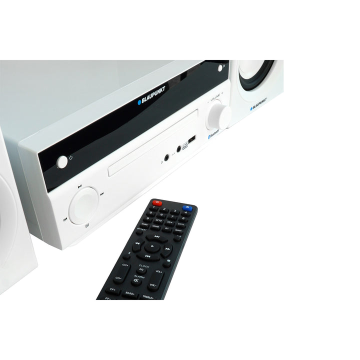 Mikro věž Blaupunkt, výkon 150 W, FM rádio, AUX konektor a USB konektor, Bluetooth, HDMI vstup, budík, LED displej, bílá barva, MS30.02BT