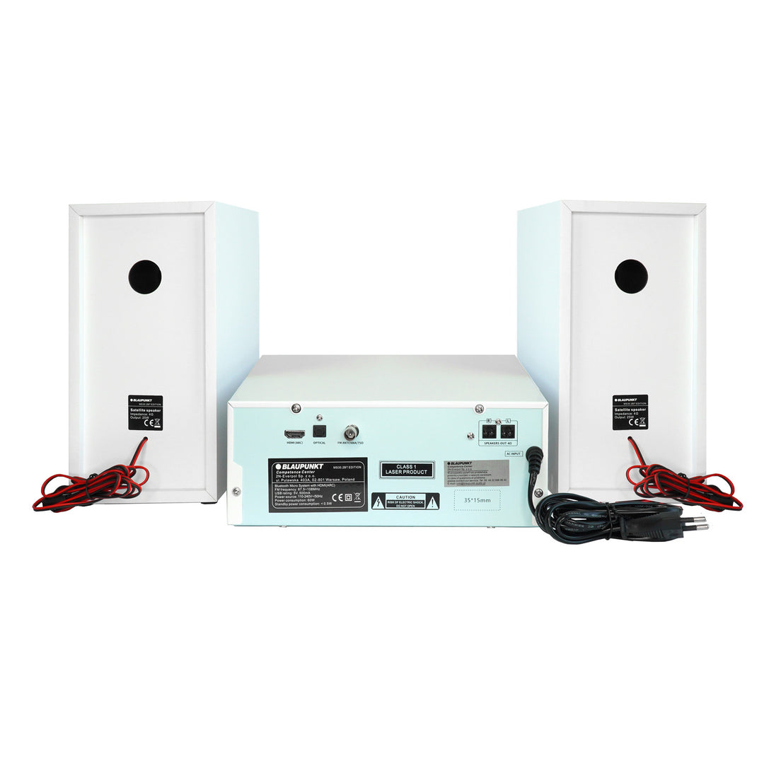Mikro věž Blaupunkt, výkon 150 W, FM rádio, AUX konektor a USB konektor, Bluetooth, HDMI vstup, budík, LED displej, bílá barva, MS30.02BT
