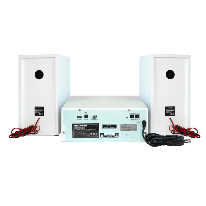 Mikro věž Blaupunkt, výkon 150 W, FM rádio, AUX konektor a USB konektor, Bluetooth, HDMI vstup, budík, LED displej, bílá barva, MS30.02BT