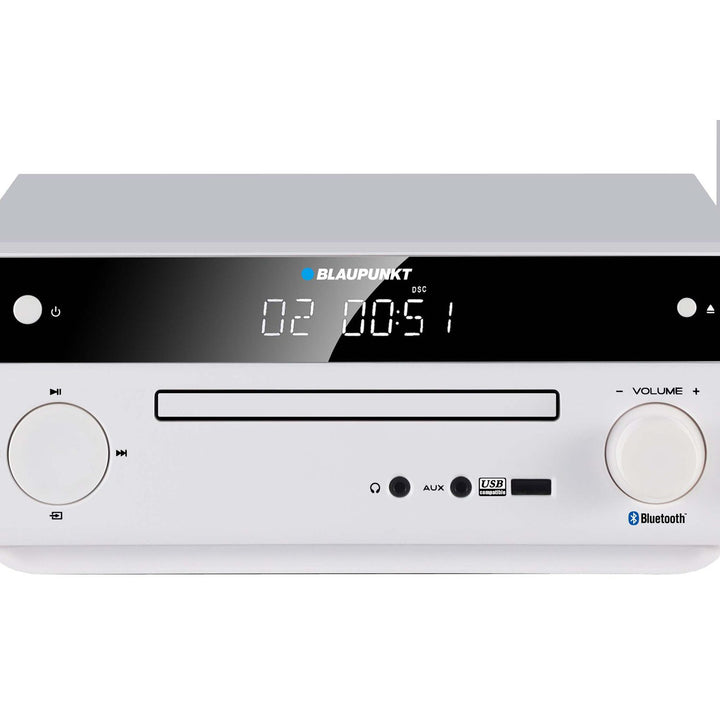Mikro věž Blaupunkt, výkon 150 W, FM rádio, AUX konektor a USB konektor, Bluetooth, HDMI vstup, budík, LED displej, bílá barva, MS30.02BT