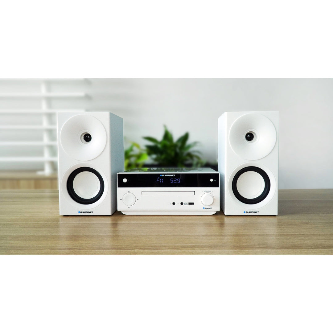 Mikro věž Blaupunkt, výkon 150 W, FM rádio, AUX konektor a USB konektor, Bluetooth, HDMI vstup, budík, LED displej, bílá barva, MS30.02BT