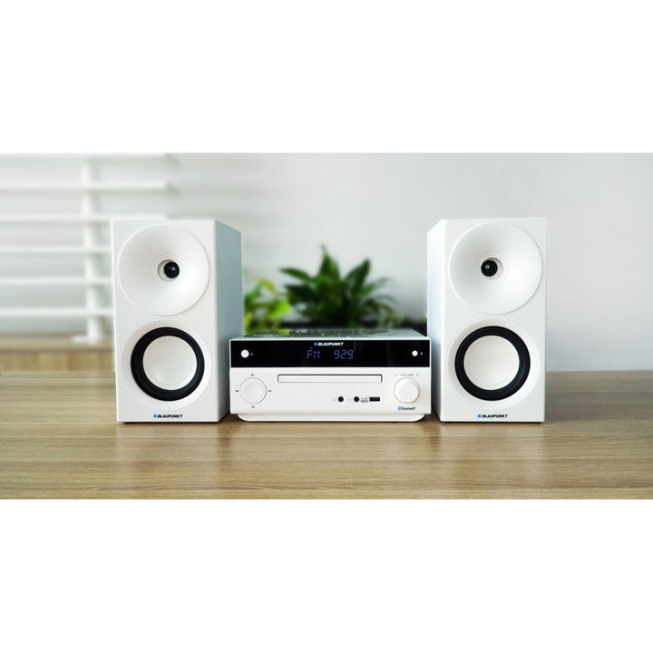 Mikro věž Blaupunkt, výkon 150 W, FM rádio, AUX konektor a USB konektor, Bluetooth, HDMI vstup, budík, LED displej, bílá barva, MS30.02BT