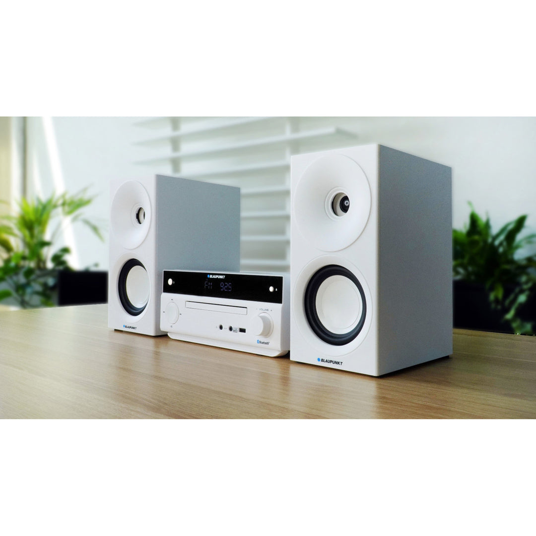 Mikro věž Blaupunkt, výkon 150 W, FM rádio, AUX konektor a USB konektor, Bluetooth, HDMI vstup, budík, LED displej, bílá barva, MS30.02BT