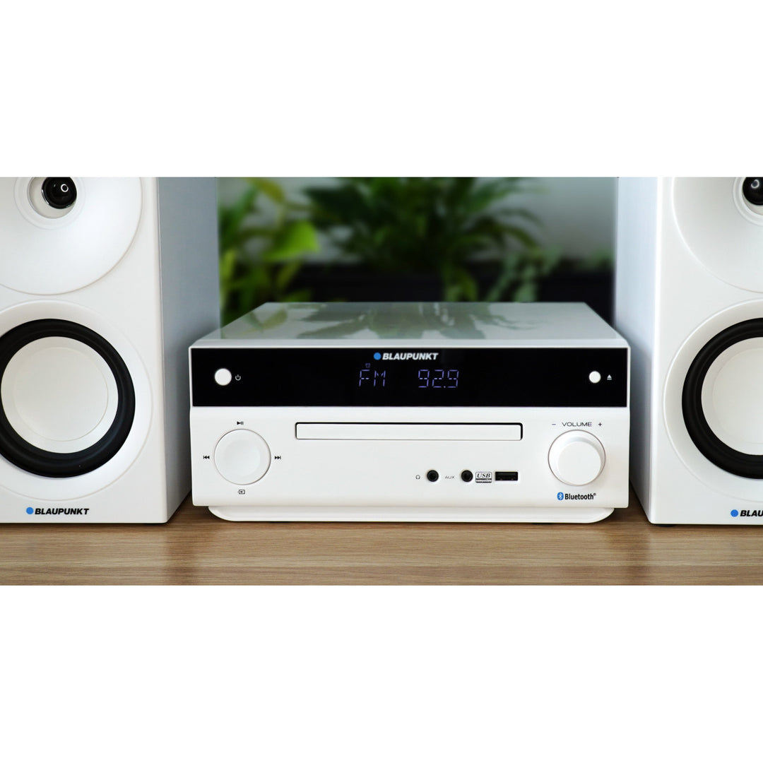 Mikro věž Blaupunkt, výkon 150 W, FM rádio, AUX konektor a USB konektor, Bluetooth, HDMI vstup, budík, LED displej, bílá barva, MS30.02BT