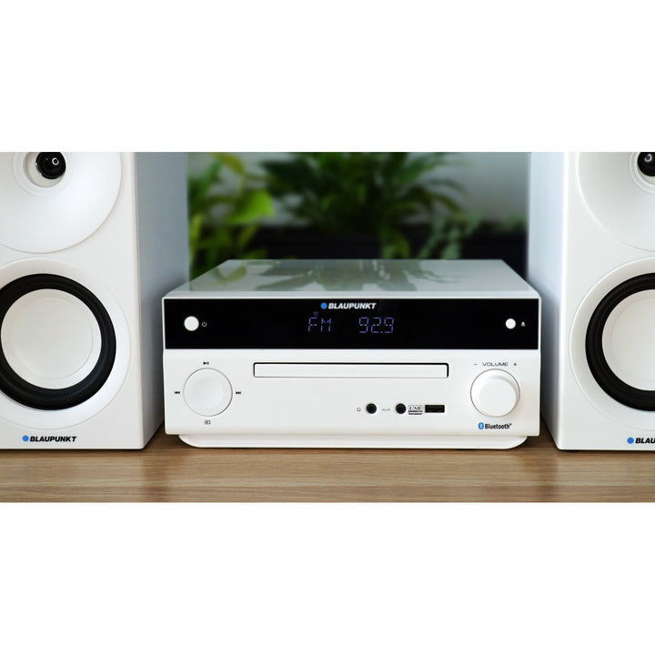 Mikro věž Blaupunkt, výkon 150 W, FM rádio, AUX konektor a USB konektor, Bluetooth, HDMI vstup, budík, LED displej, bílá barva, MS30.02BT