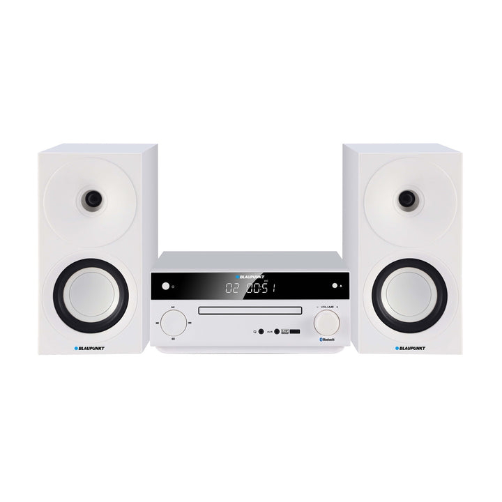 Mikro věž Blaupunkt, výkon 150 W, FM rádio, AUX konektor a USB konektor, Bluetooth, HDMI vstup, budík, LED displej, bílá barva, MS30.02BT