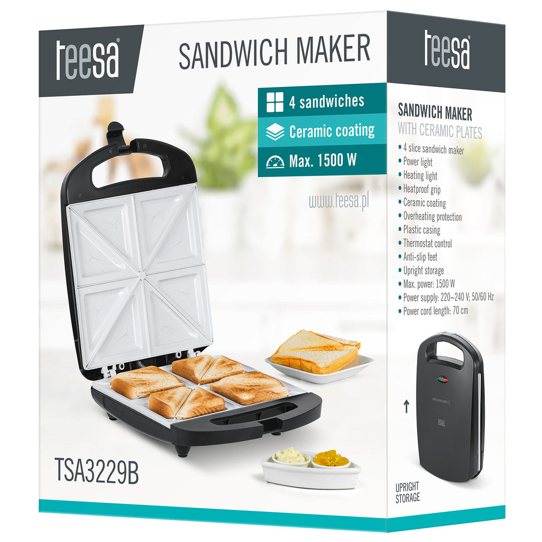 Sendvičovač Teesa, keramické vložky, na 4 sendviče, maximální výkon 1500 W, TSA3229B