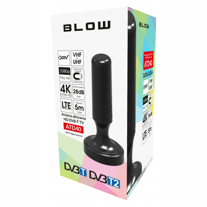 Anténa DVB-T Blow, aktivní vnitřní, zisk 28 dB, vestavěný filtr LTE, příjem v pásmu 168–790 MHz, 21–040#