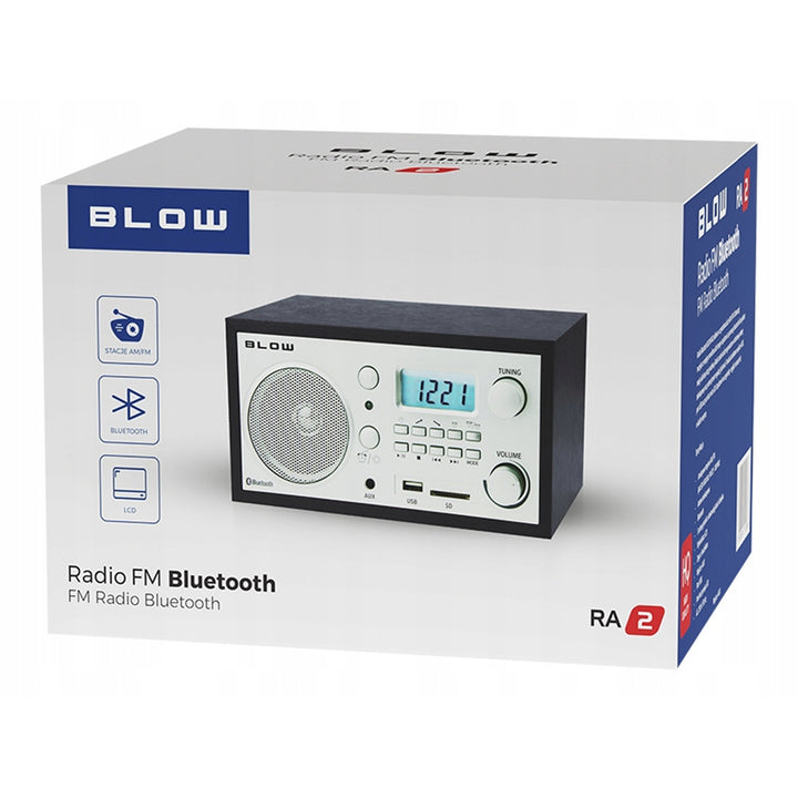 Přenosné analogové rádio Blow, funkce Bluetooth, konektory USB, AUX a SD, příjem rozhlasových stanic AM/FM, LCD displej, hodiny a budík, 77-531#