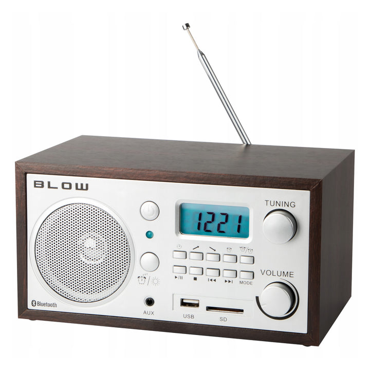 Přenosné analogové rádio Blow, funkce Bluetooth, konektory USB, AUX a SD, příjem rozhlasových stanic AM/FM, LCD displej, hodiny a budík, 77-531#