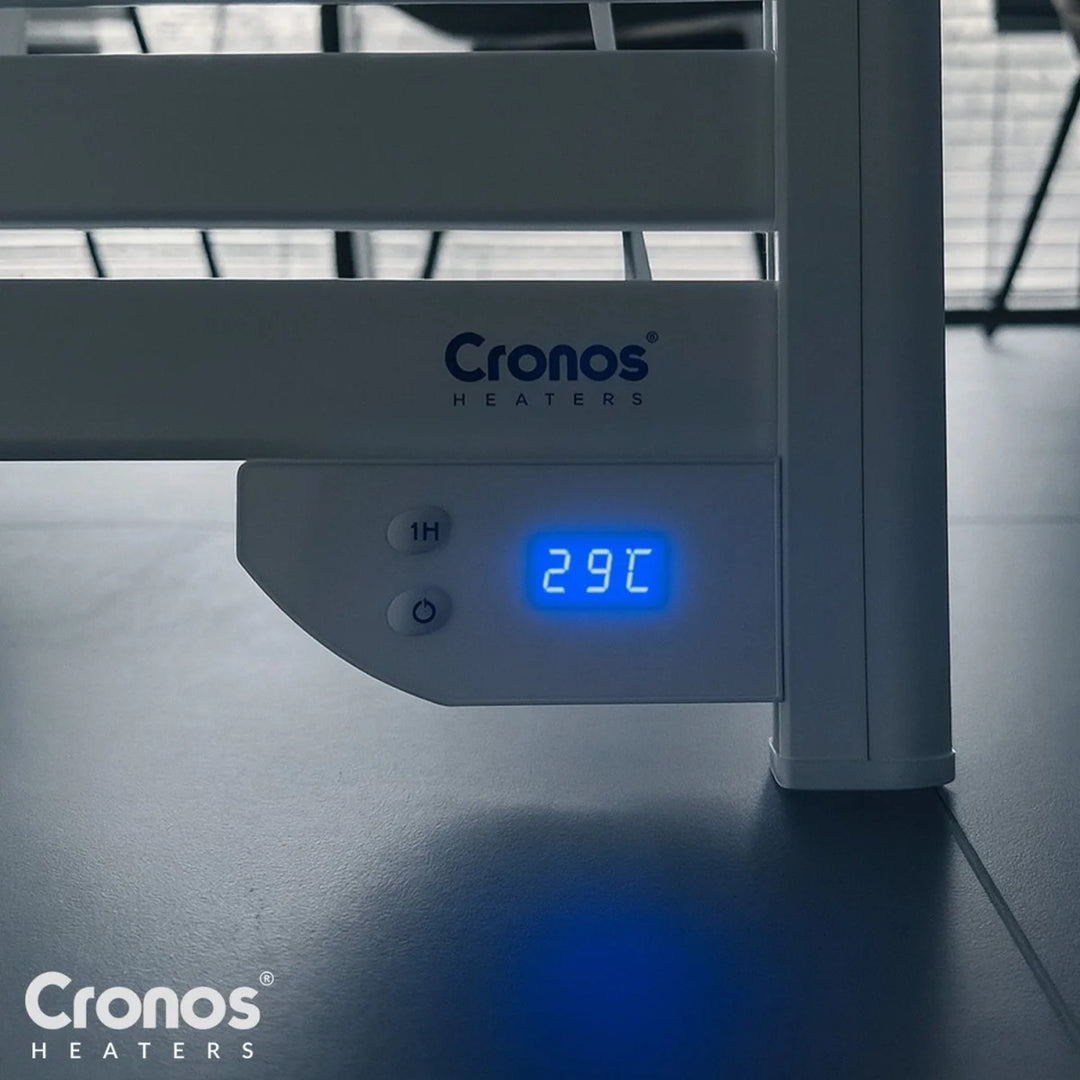 Elektrický koupelnový radiátor Cronos, výkon 500 W, vytápí místnost do 6 m2, LCD displej, funkce AUTO, TIMER a detekce otevřeného okna, TW-500