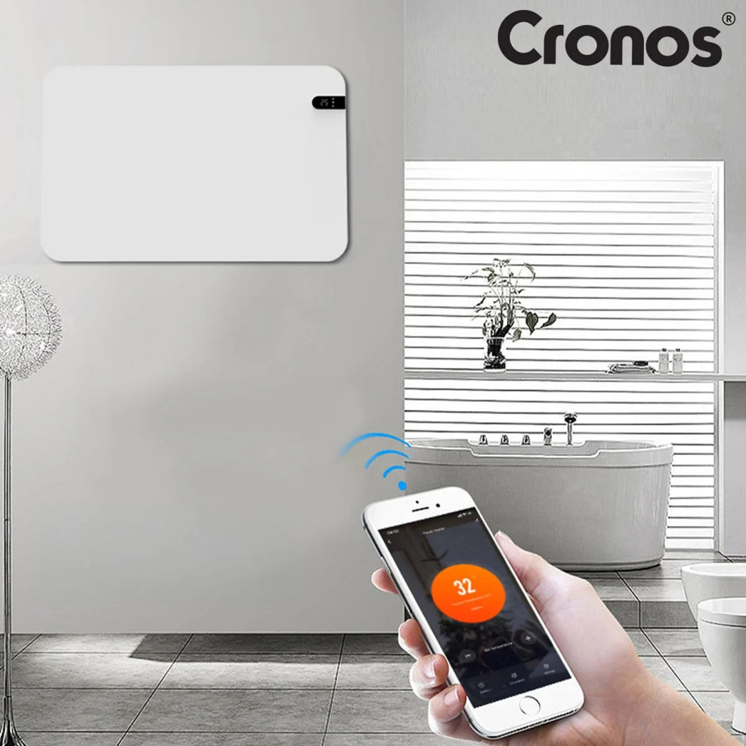 Elektrický radiátor Cronos, barva bílá, výkon 450 W, vytápění místnosti do 14 m2, vestavěný termostat, ovládání pomocí dálkového ovladače, funkce detekce otevřeného okna, nožičky v sadě, WFH-450TW