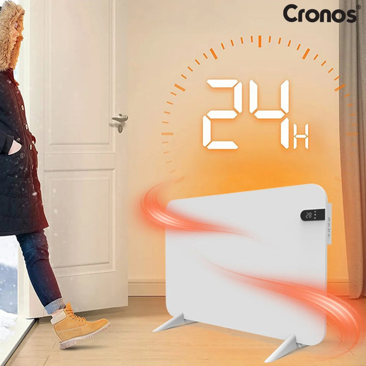 Elektrický radiátor Cronos, barva bílá, výkon 450 W, vytápění místnosti do 14 m2, vestavěný termostat, ovládání pomocí dálkového ovladače, funkce detekce otevřeného okna, nožičky v sadě, WFH-450TW