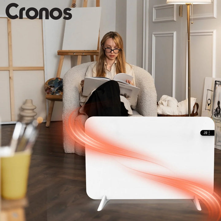 Elektrický radiátor Cronos, barva bílá, výkon 450 W, vytápění místnosti do 14 m2, vestavěný termostat, ovládání pomocí dálkového ovladače, funkce detekce otevřeného okna, nožičky v sadě, WFH-450TW