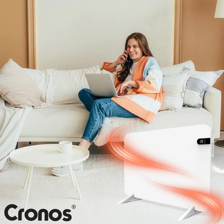 Elektrický radiátor Cronos, barva bílá, výkon 450 W, vytápění místnosti do 14 m2, vestavěný termostat, ovládání pomocí dálkového ovladače, funkce detekce otevřeného okna, nožičky v sadě, WFH-450TW