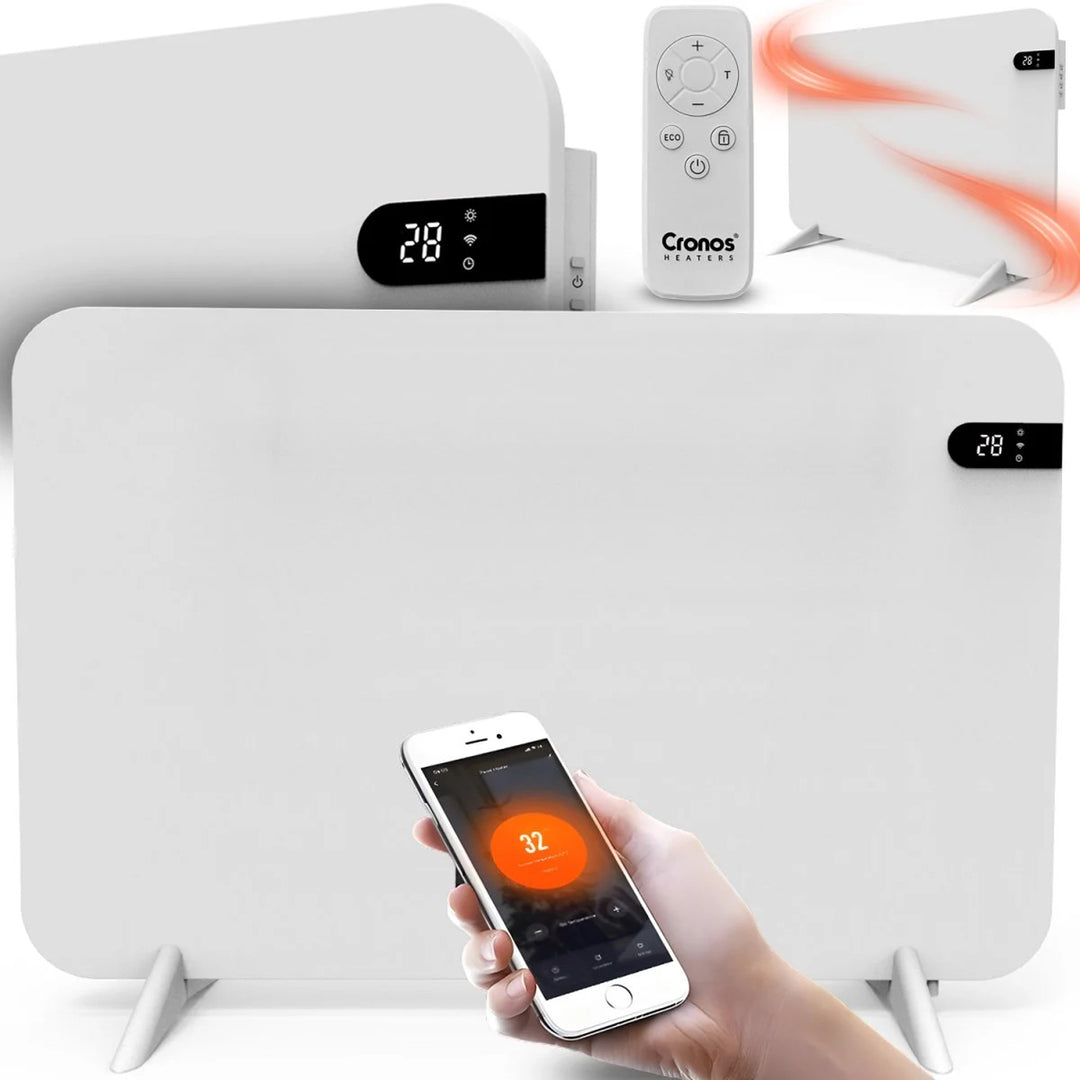 Elektrický radiátor Cronos, barva bílá, výkon 450 W, vytápění místnosti do 14 m2, vestavěný termostat, ovládání pomocí dálkového ovladače, funkce detekce otevřeného okna, nožičky v sadě, WFH-450TW