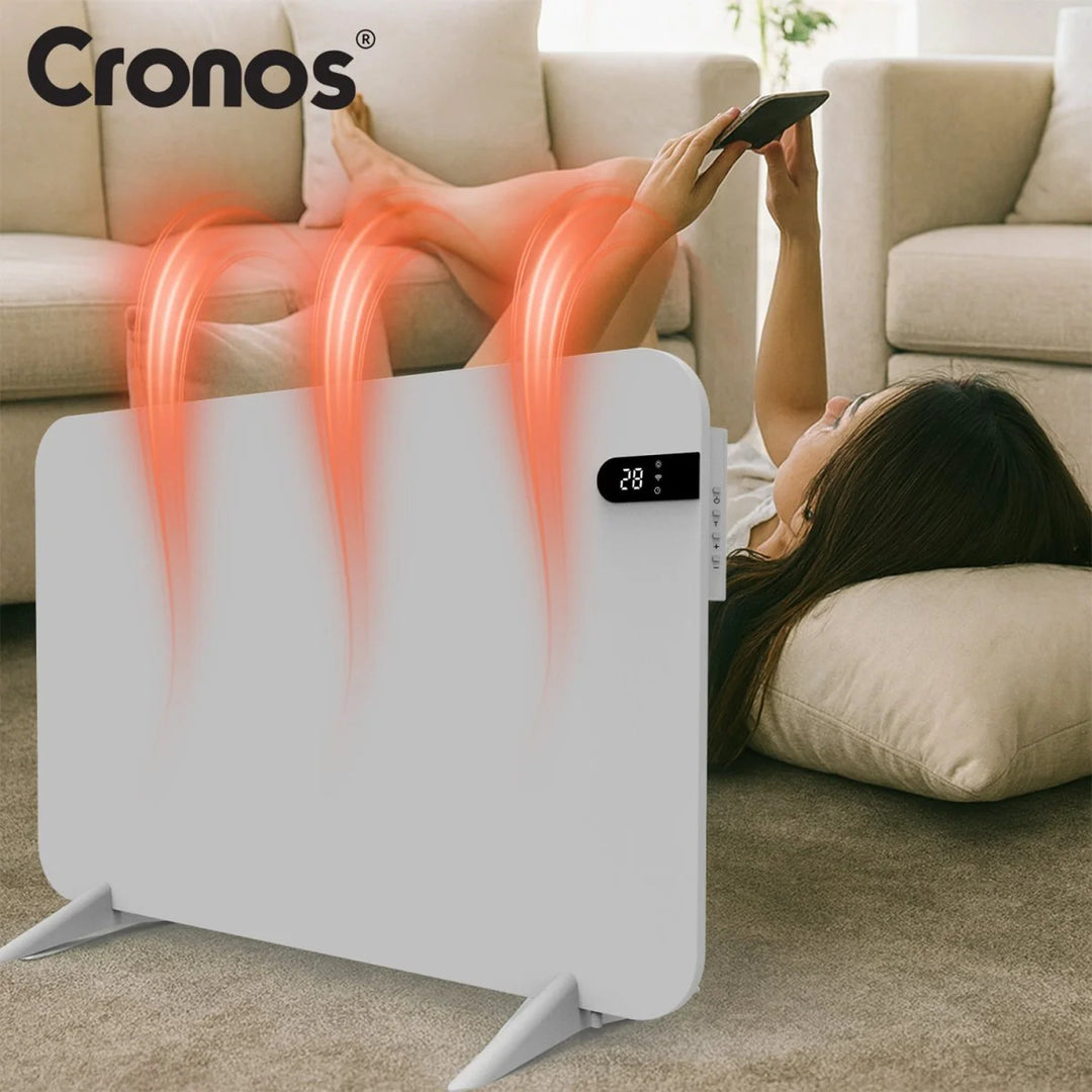 Elektrický radiátor Cronos, barva bílá, výkon 450 W, vytápění místnosti do 14 m2, vestavěný termostat, ovládání pomocí dálkového ovladače, funkce detekce otevřeného okna, nožičky v sadě, WFH-450TW