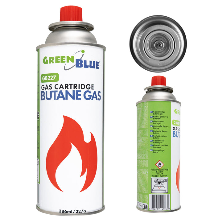 Plynová náplň 227 g GreenBlue. Certifikát: Pi 0875, v souladu s normou EN 417, butan, provozní teplota -10 °C až +40 °C, GB227