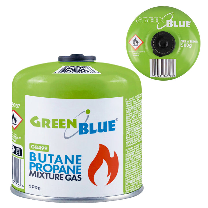 Plynová náplň 500 g GreenBlue. Certifikát: Pi 0437, v souladu s normou EN 417, butan-propan, teplotní rozsah -10 °C až +40 °C, závitový ventil 7/16'' GB499
