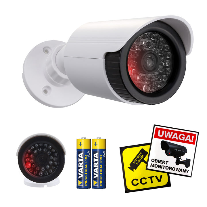 Atrapa kamery tubowej, diody IR LED, biała, zasilanie 2xAA (w zestawie), ABS, IR1800 W