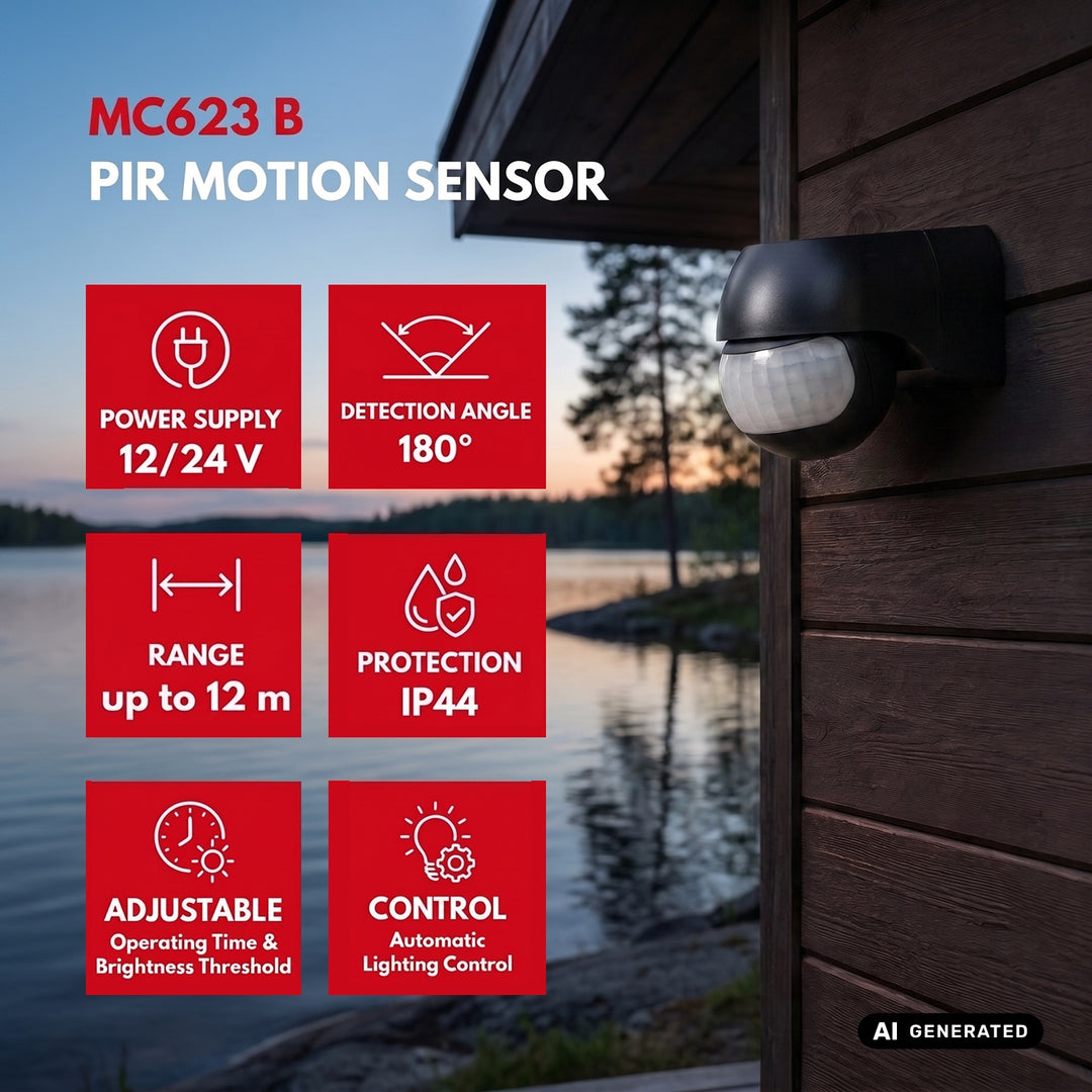 PIR pohybový senzor 12–24 V Maclean, infračervený, IP44, černý, dosah 12 m, max. zatížení 60/120 W, MCE623 B