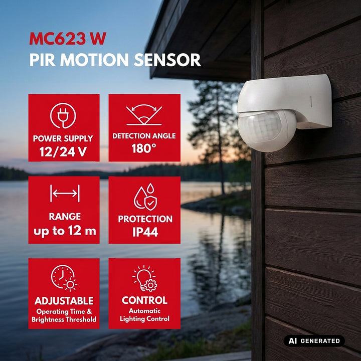 PIR pohybový senzor 12–24 V Maclean, infračervený, IP44, bílý, dosah 12 m, max. zatížení 60/120 W, MCE623 W