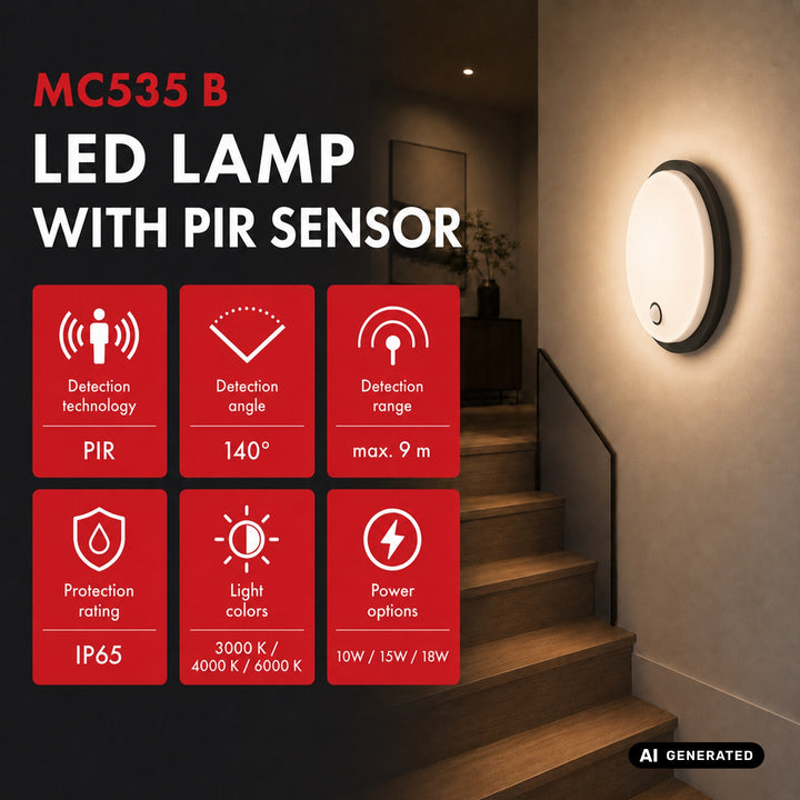 LED svítidlo s pohybovým senzorem Maclean, PIR senzor, černé, 10 W/15 W/18 W, IP65, možnost volby barevné teploty 3000/4000/6000 K, MCE535 B