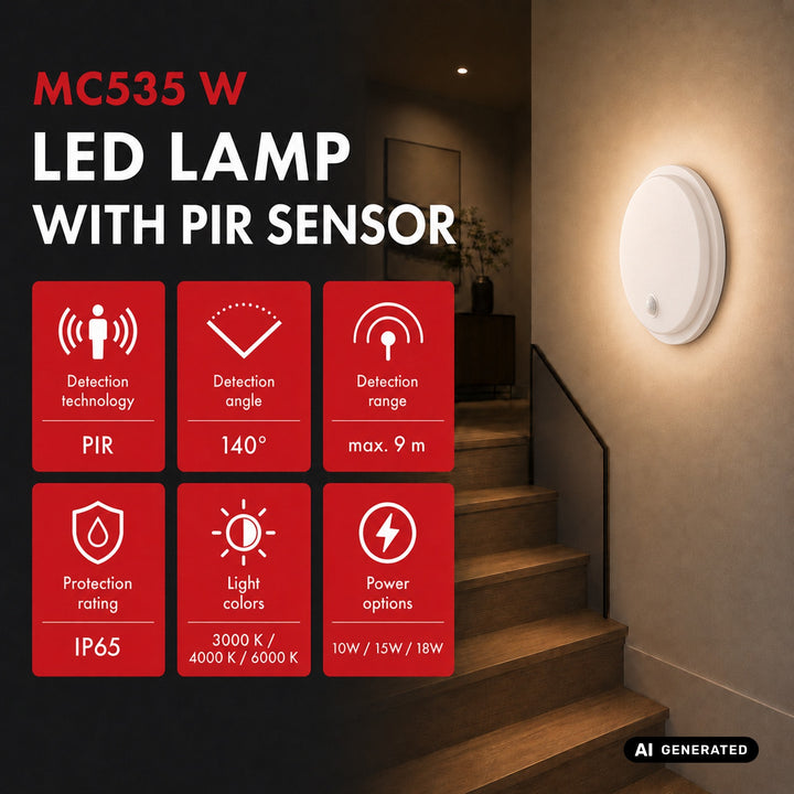 LED lampa s pohybovým senzorem Maclean, senzor PIR, bílá, 10 W/15/18 W, IP65, možnost změny barevné teploty 3000/4000/6000 K, MCE535 W