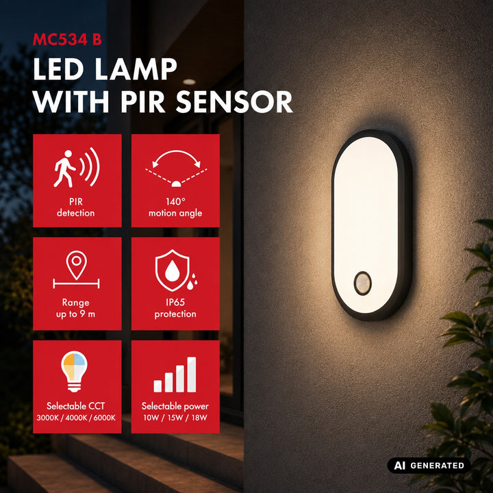 LED svítidlo s pohybovým senzorem Maclean, senzor PIR, černé, 10 W/15 W/18 W, IP65, možnost volby barevné teploty 3000/4000/6000 K, MCE534 B