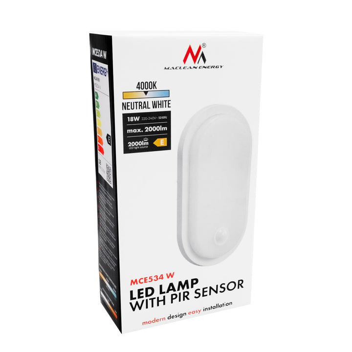 LED svítidlo s pohybovým čidlem Maclean, PIR čidlo, bílé, 10 W/15/18 W, IP65, možnost změny barevné teploty 3000/4000/6000 K, MCE534 W