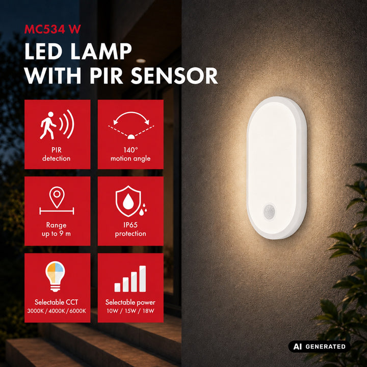 LED svítidlo s pohybovým čidlem Maclean, PIR čidlo, bílé, 10 W/15/18 W, IP65, možnost změny barevné teploty 3000/4000/6000 K, MCE534 W