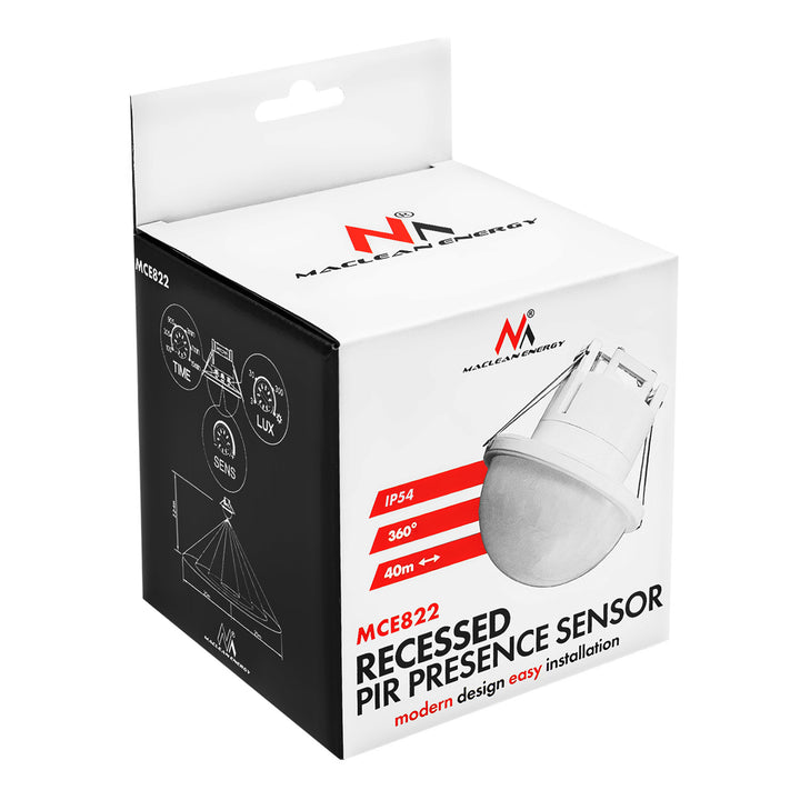 PIR snímač přítomnosti Maclean, pro vestavbu, dosah 10 × 40 m, 1000 W/2000 W, 220–240 V AC, 50/60 Hz, IP54, MCE822