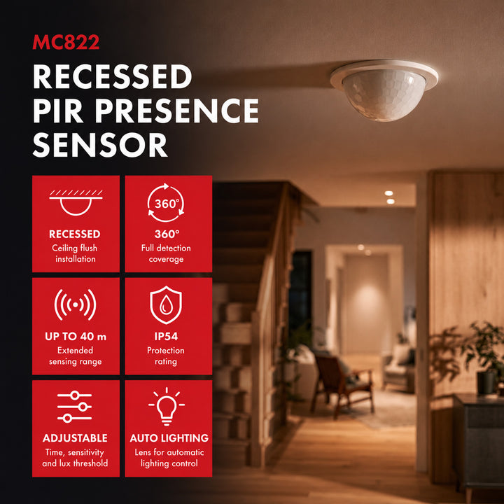 PIR snímač přítomnosti Maclean, pro vestavbu, dosah 10 × 40 m, 1000 W/2000 W, 220–240 V AC, 50/60 Hz, IP54, MCE822