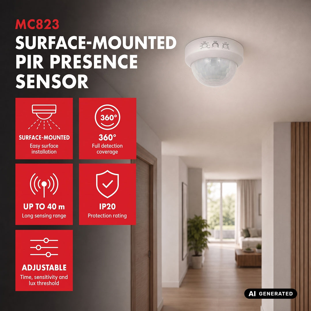 PIR snímač přítomnosti Maclean, pro montáž na povrch, dosah 10 × 40 m, 1000 W/2000 W, 220–240 V AC, 50/60 Hz, MCE823
