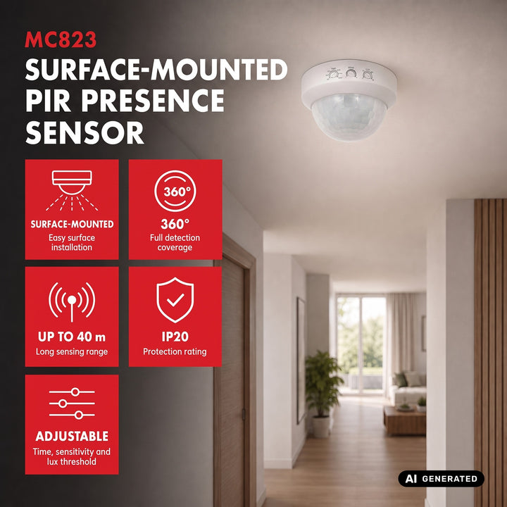 PIR snímač přítomnosti Maclean, pro montáž na povrch, dosah 10 × 40 m, 1000 W/2000 W, 220–240 V AC, 50/60 Hz, MCE823