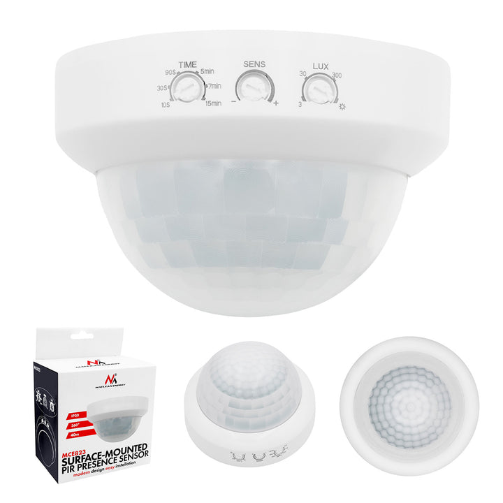 PIR snímač přítomnosti Maclean, pro montáž na povrch, dosah 10 × 40 m, 1000 W/2000 W, 220–240 V AC, 50/60 Hz, MCE823