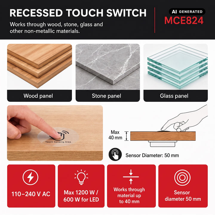 Dotykový spínač pro zapuštěnou montáž Maclean, <40 mm, 110–240 V AC, max. zatížení 600 W pro LED, MCE824