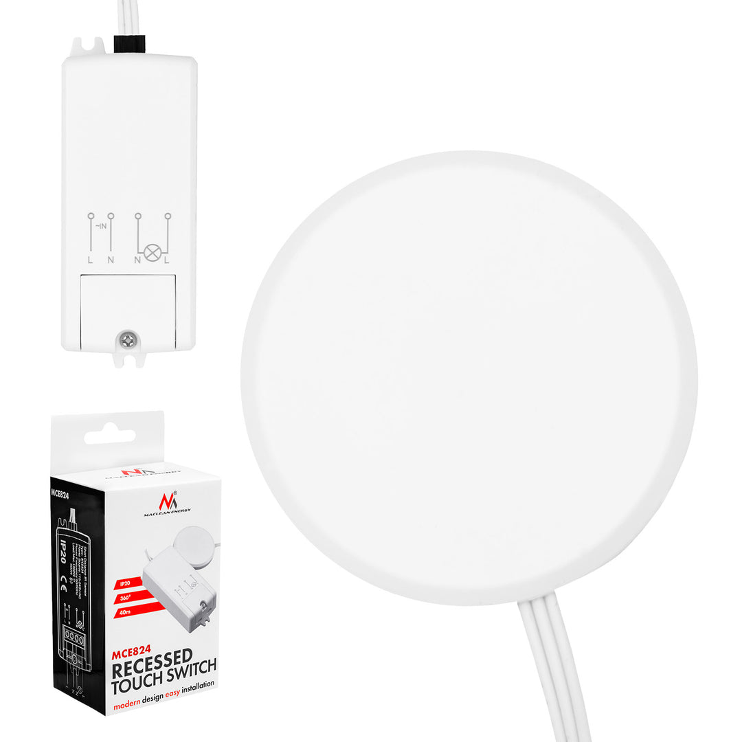 Dotykový spínač pro zapuštěnou montáž Maclean, <40 mm, 110–240 V AC, max. zatížení 600 W pro LED, MCE824