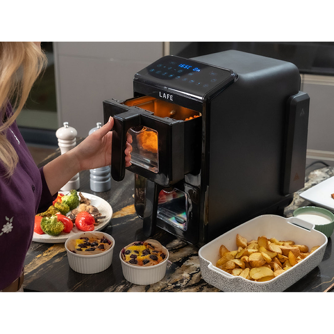 Bezolejová fritéza LAFE, horkovzdušná fritéza, 2 komory 5 l, výkon 2460 W, LCD displej, Dual Fry