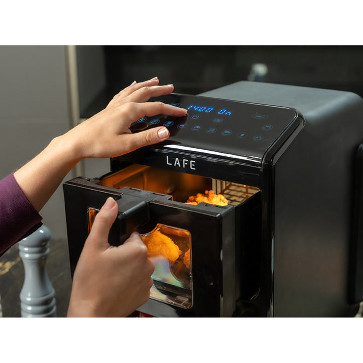Bezolejová fritéza LAFE, horkovzdušná fritéza, 2 komory 5 l, výkon 2460 W, LCD displej, Dual Fry