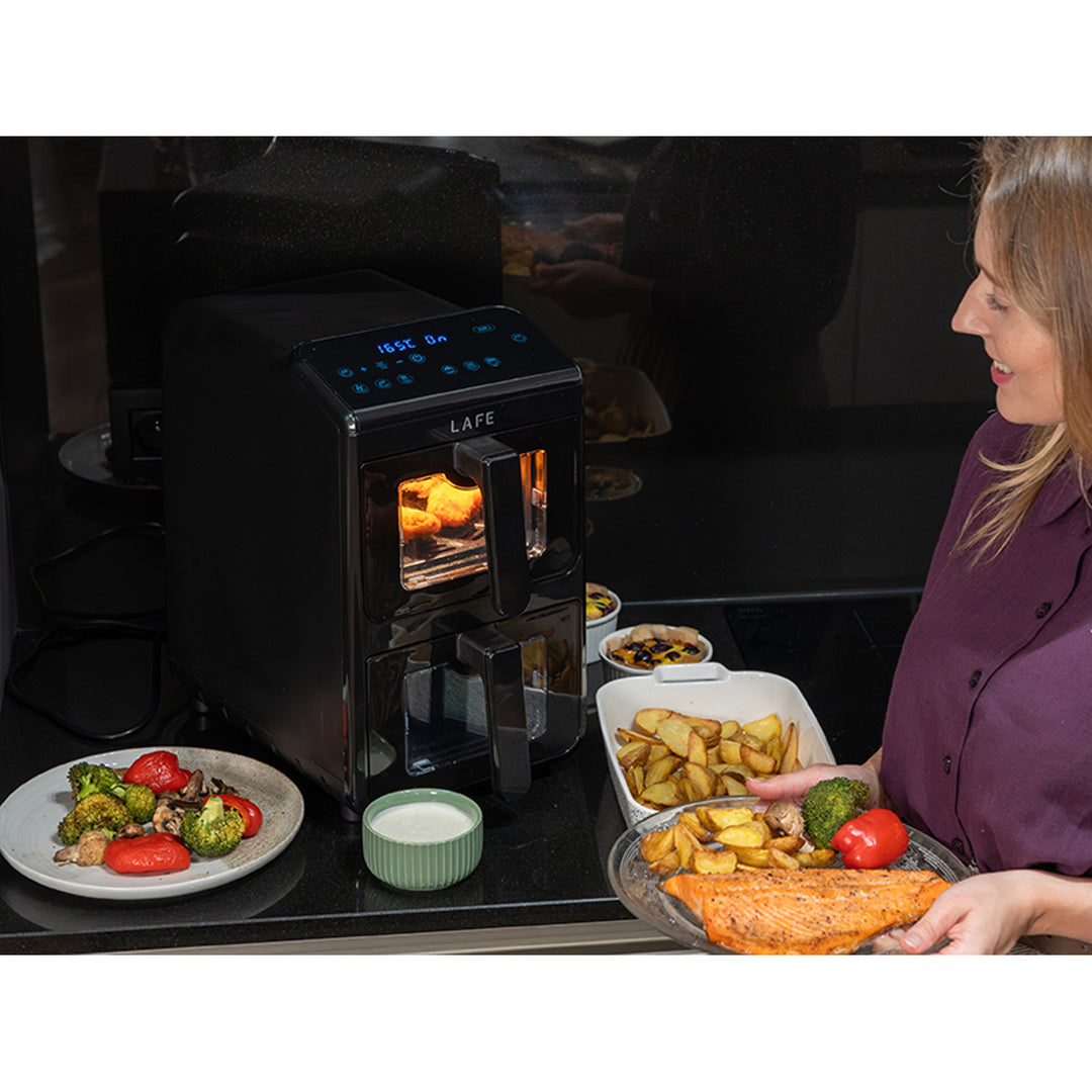 Bezolejová fritéza LAFE, horkovzdušná fritéza, 2 komory 5 l, výkon 2460 W, LCD displej, Dual Fry