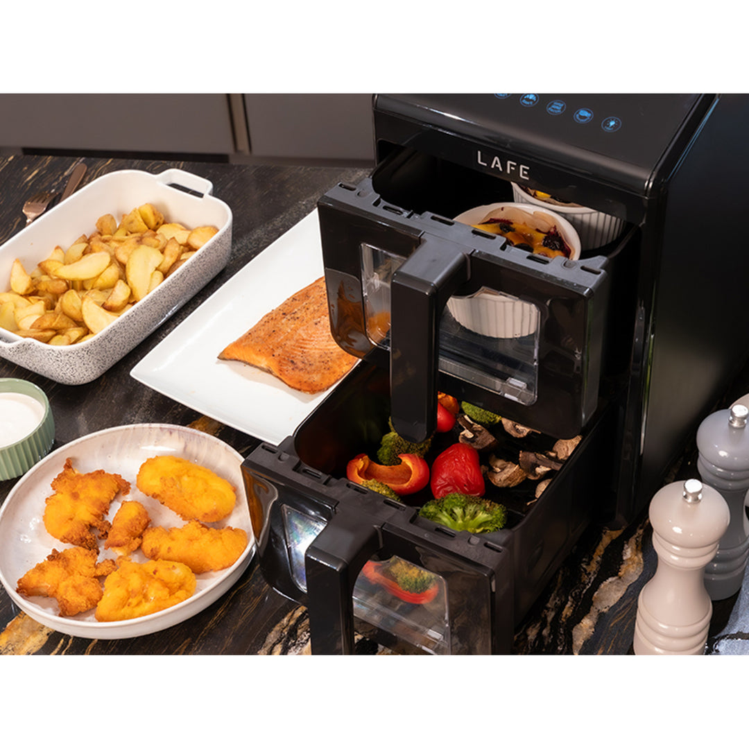 Bezolejová fritéza LAFE, horkovzdušná fritéza, 2 komory 5 l, výkon 2460 W, LCD displej, Dual Fry